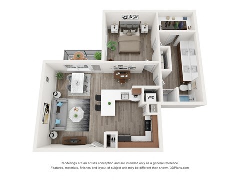 a 3d floor plan of a 1 bedroom apartment